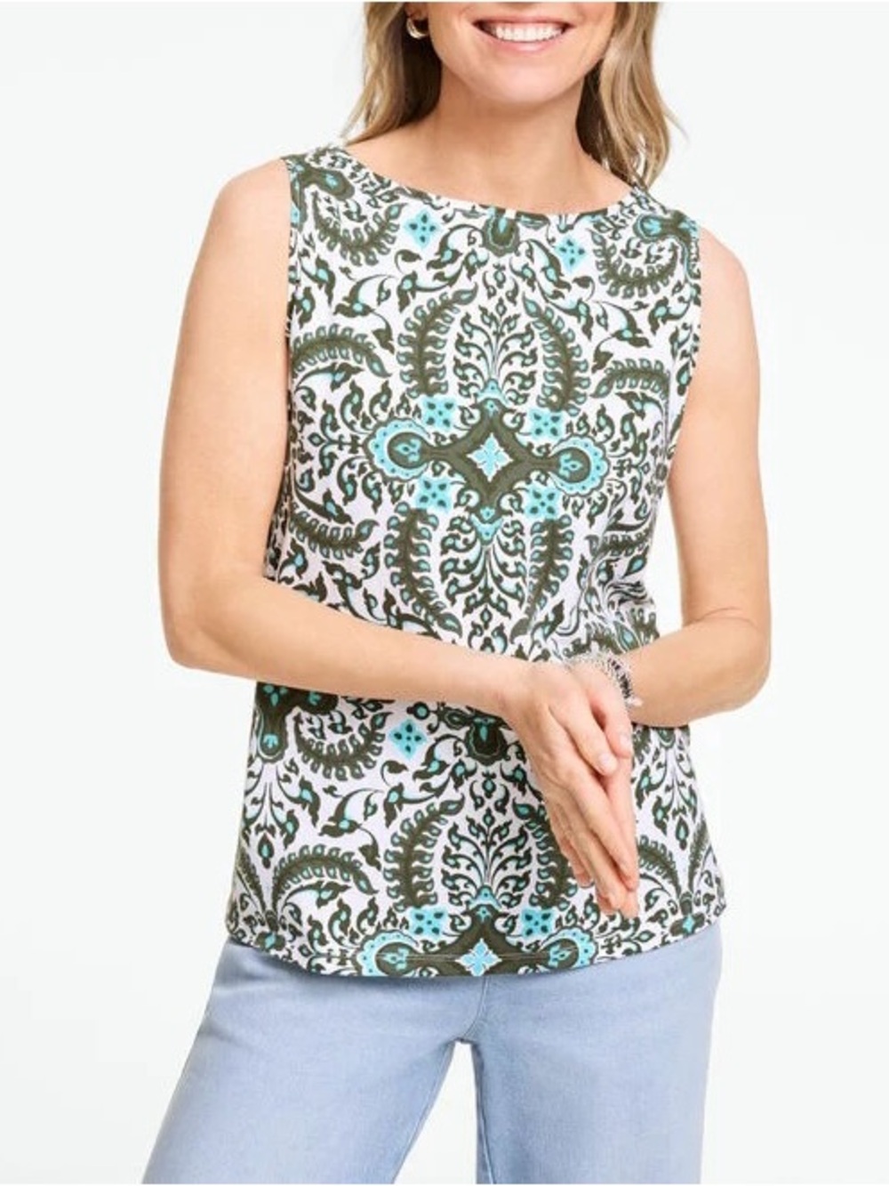 Talbots Bateau Neck Tank with Green & Teal Medallion Print NWT XL